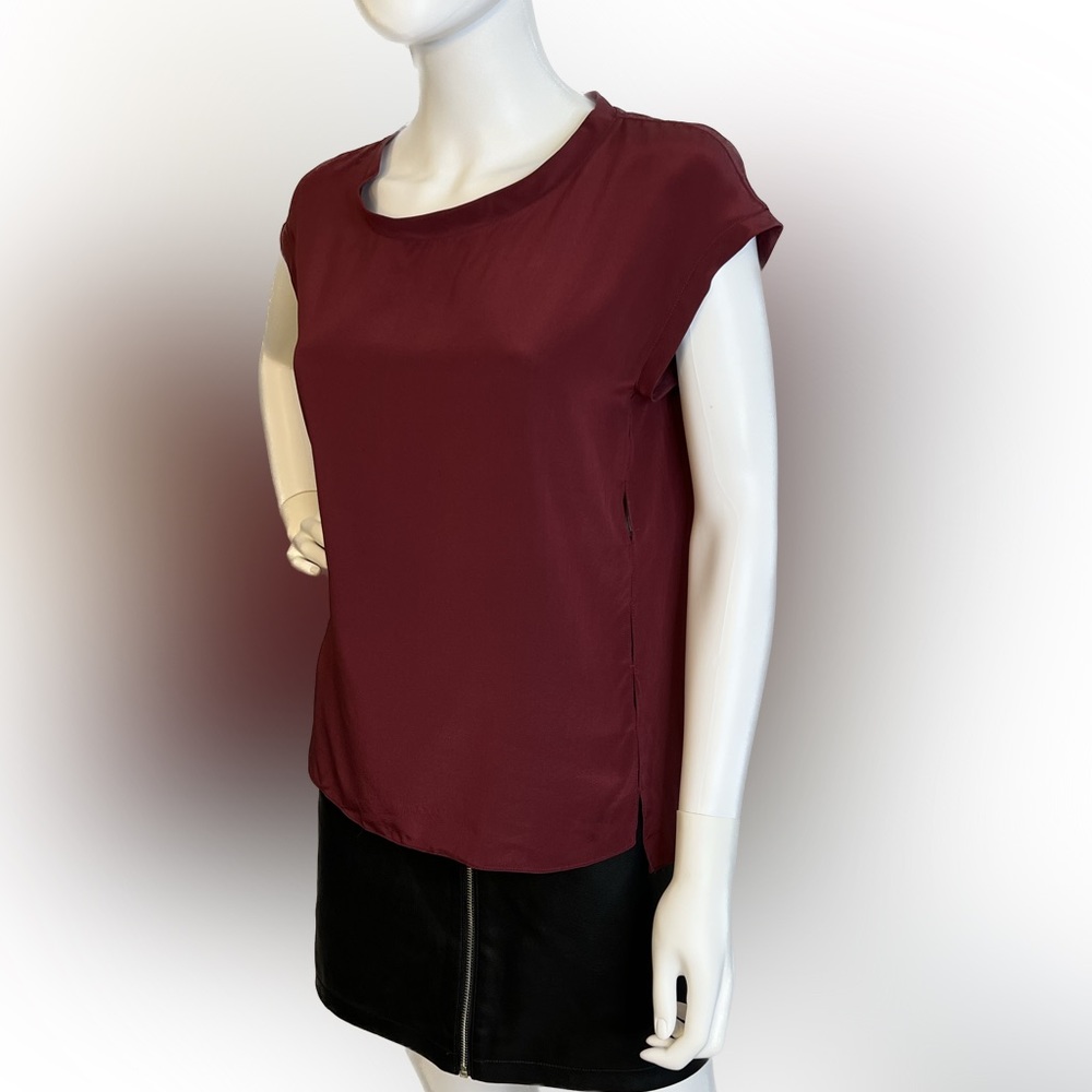 Sandro Paris Burgundy 100% Silk Open Back Cap Sleeve Blouse Sz 1 Small Workwear - Picture 2 of 9